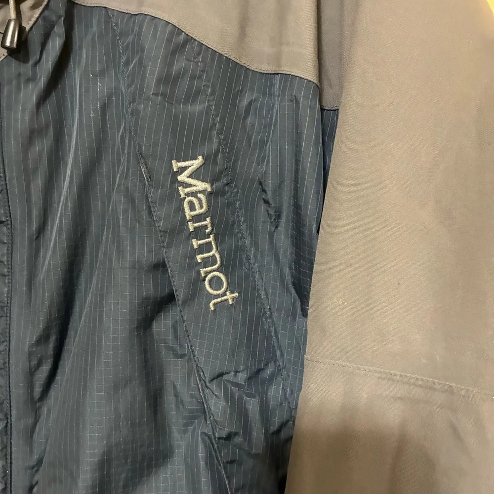 Marmot Full Zip Winter Windbreaker Men’s M Blue Gray Utility Hooded Brim Jacket